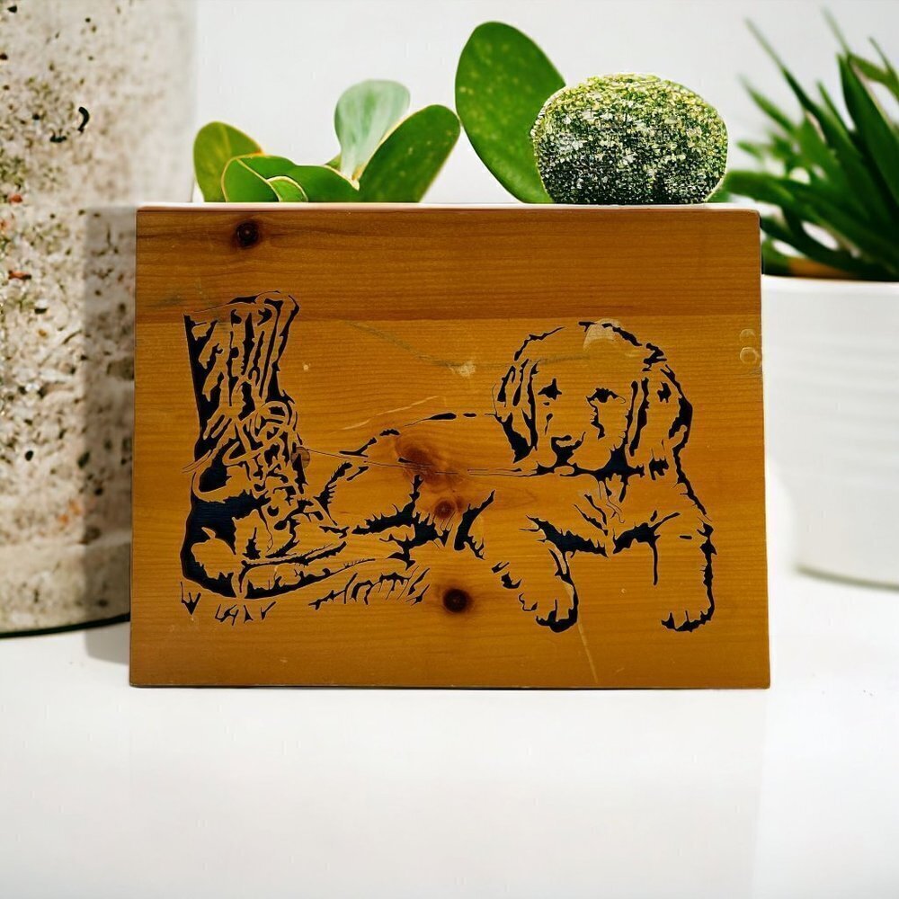 Skillfully Art Carved Wood Golden Retriever Puppy 9"H-12"L